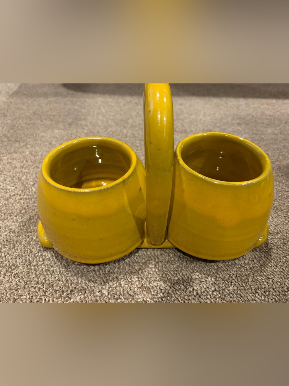 vintage yellow ceramic double-compartment condiment or jam jar